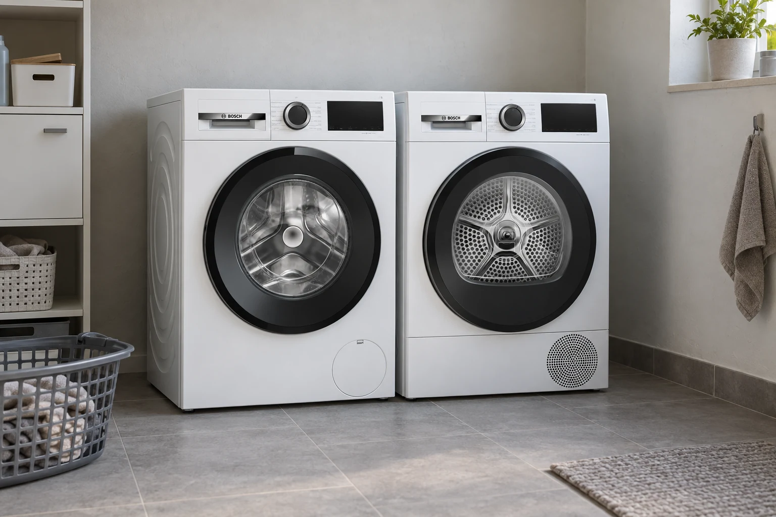Witte Bosch wasmachine en warmtepompdroger naast elkaar in een verzorgde wasruimte.