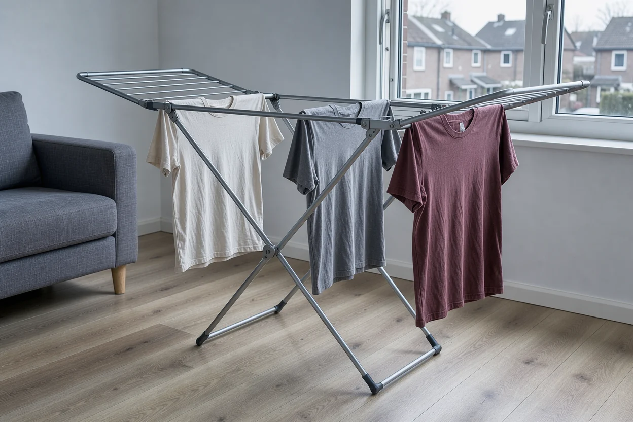 Drie katoenen T-shirts op een klein droogrek bij een open raam in een woonkamer