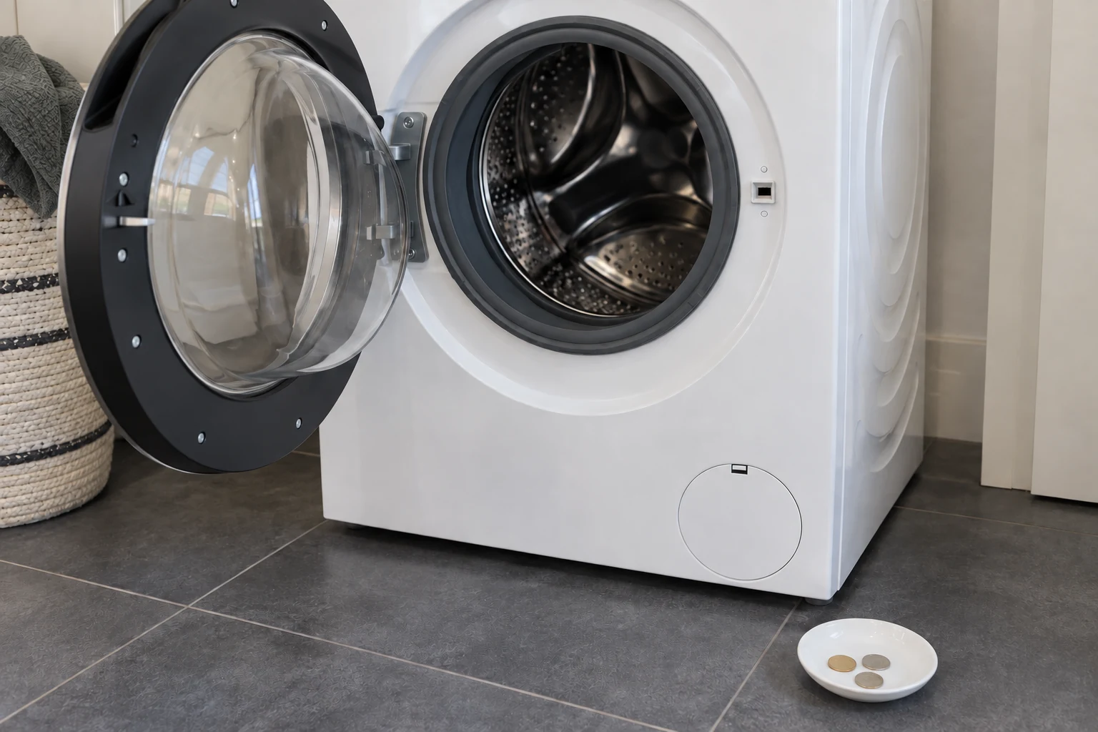 Naast een open wasmachinedeur staat een klein schaaltje met enkele muntjes op de vloer.