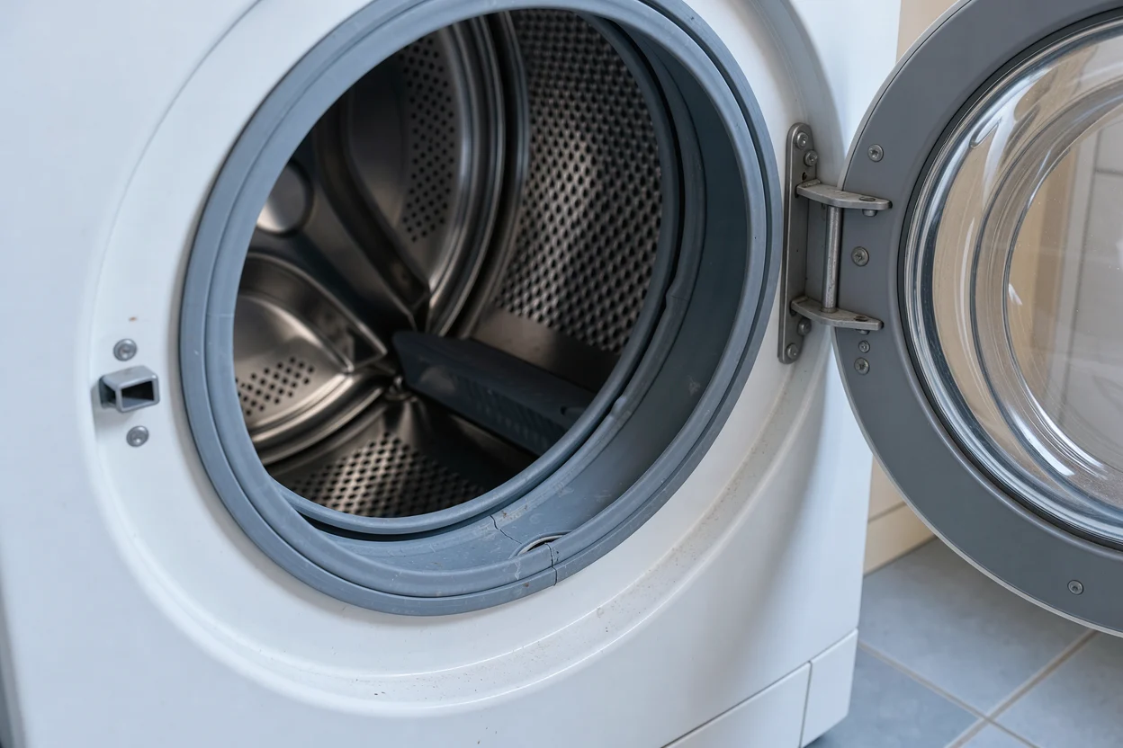 Grijs deurrubber rond de opening van een wasmachine.