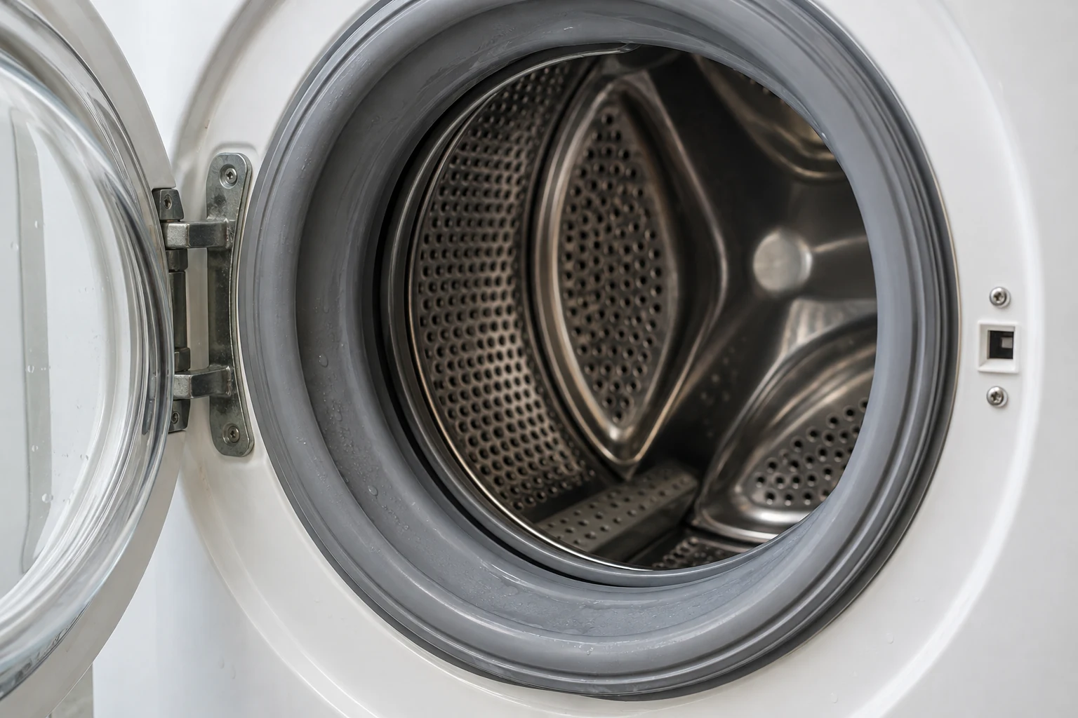 Grijs deurrubber rond de opening van een wasmachine.