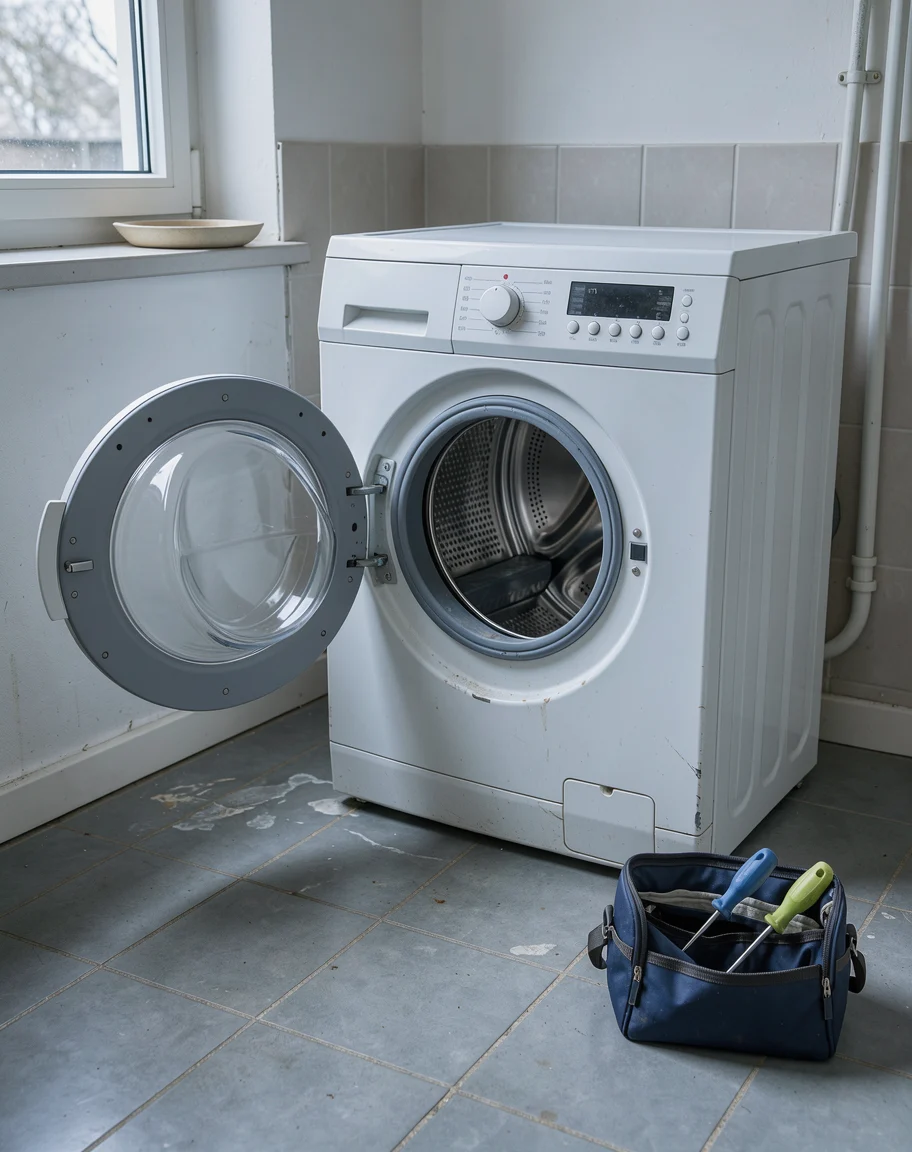 Wasmachine met open deur en een gereedschapstas op de vloer.