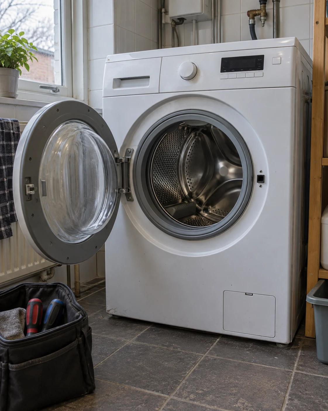 Wasmachine met open deur en een gereedschapstas op de vloer.