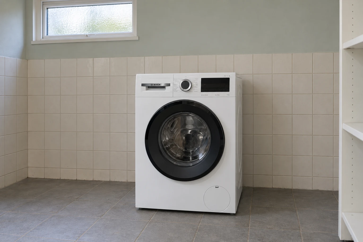 Een gesloten witte Bosch-wasmachine in een gewone betegelde wasruimte.