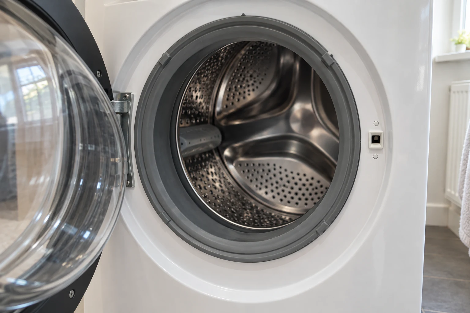 De lege trommel en grijze rubberen manchet van een wasmachine met geopende deur.