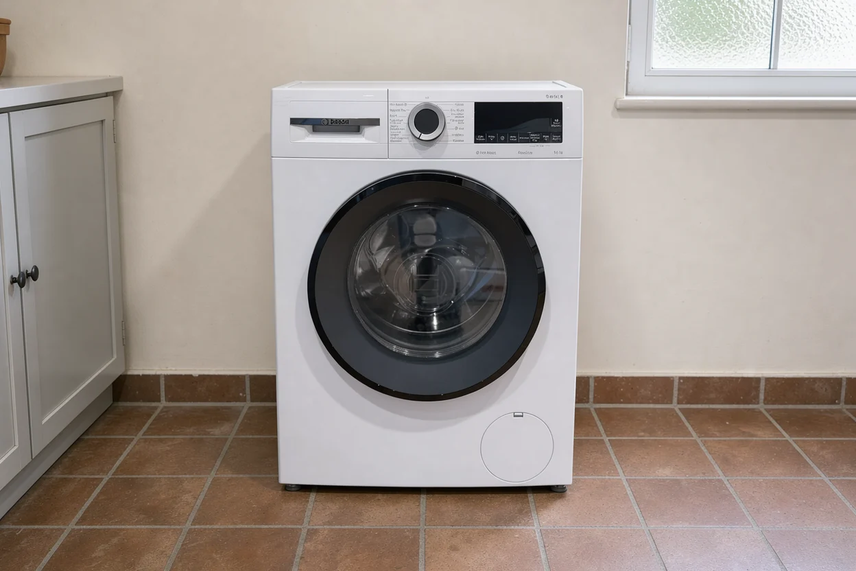 Een gesloten Bosch-wasmachine staat op een tegelvloer in een eenvoudige bijkeuken.