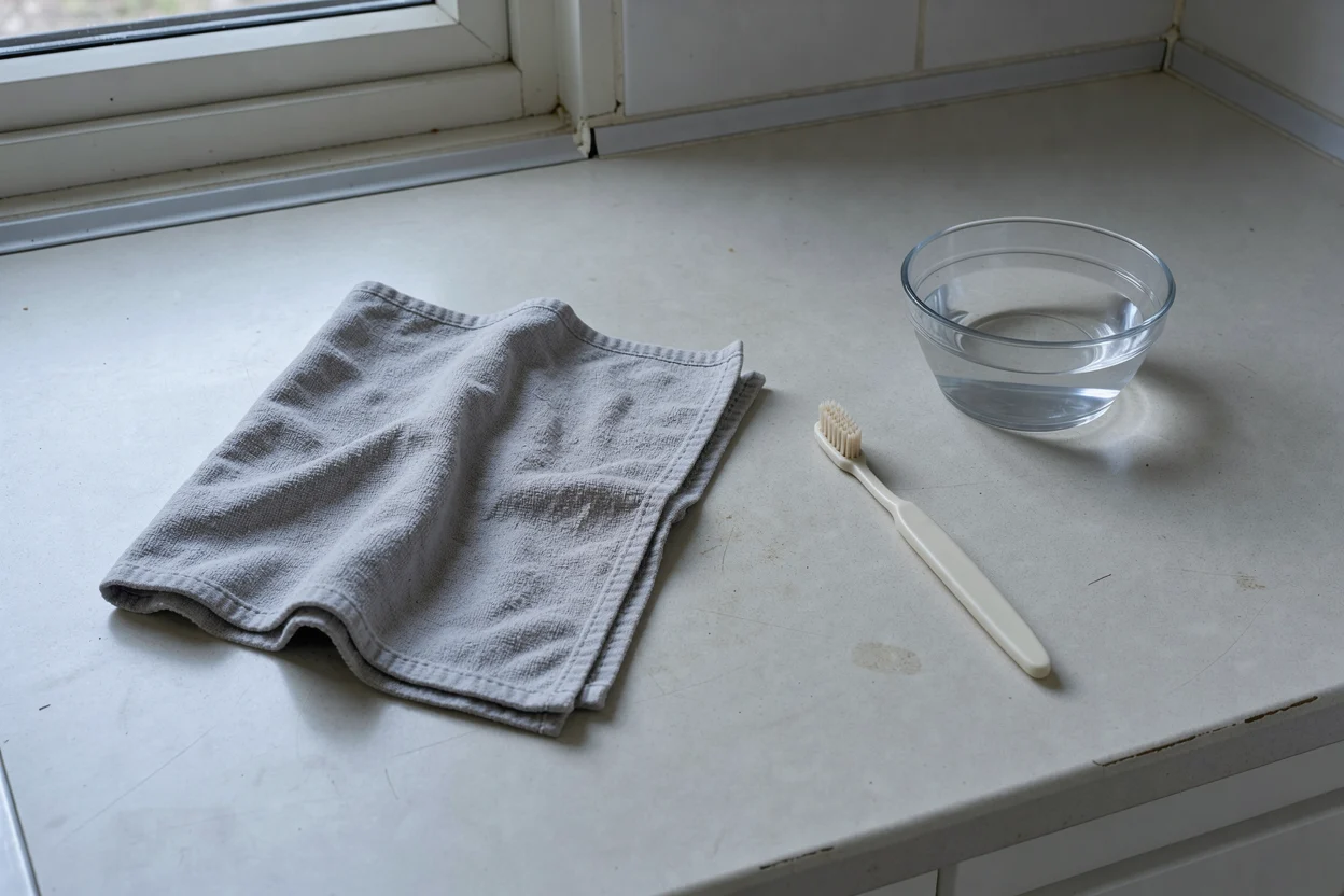 Een licht gebruikte microvezeldoek en een zachte tandenborstel liggen naast een klein bakje water.