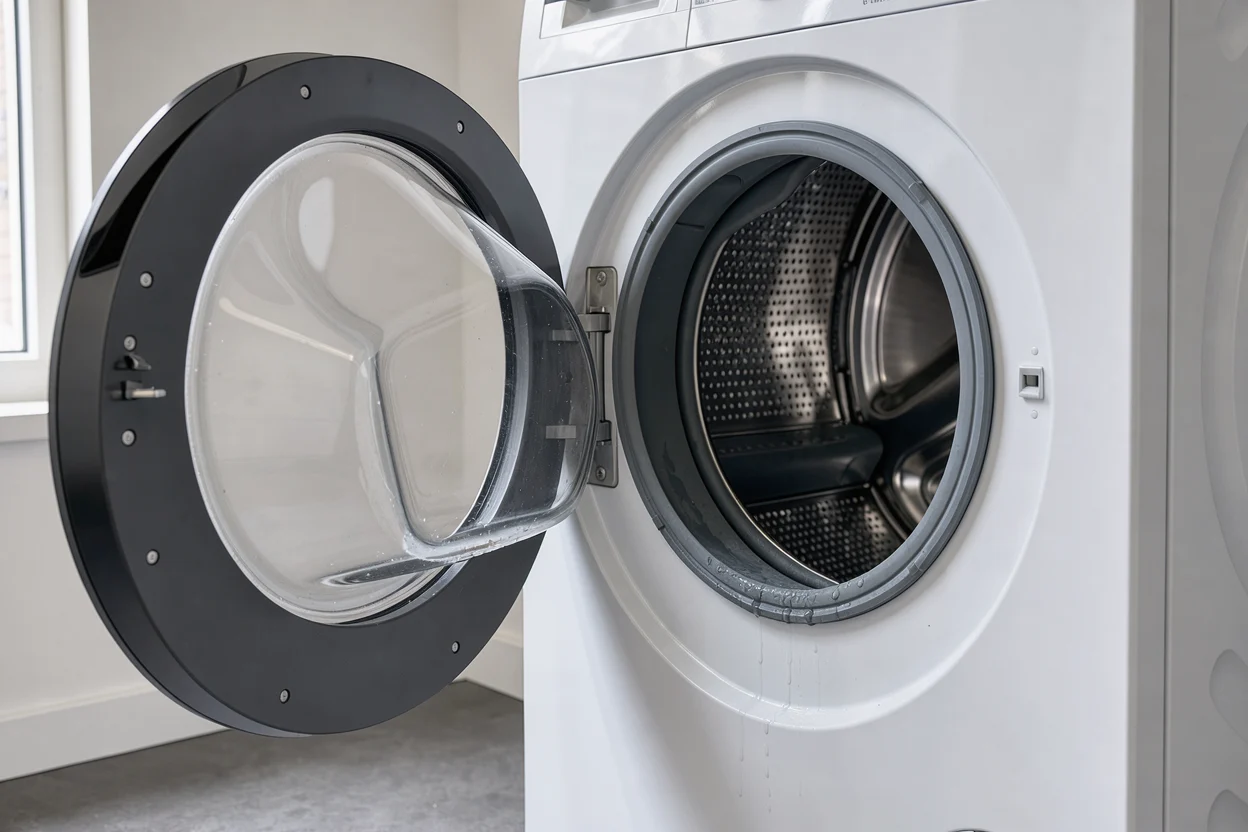 Bij de open wasmachinedeur zijn de grijze rubberen manchet en de lege trommel zichtbaar.