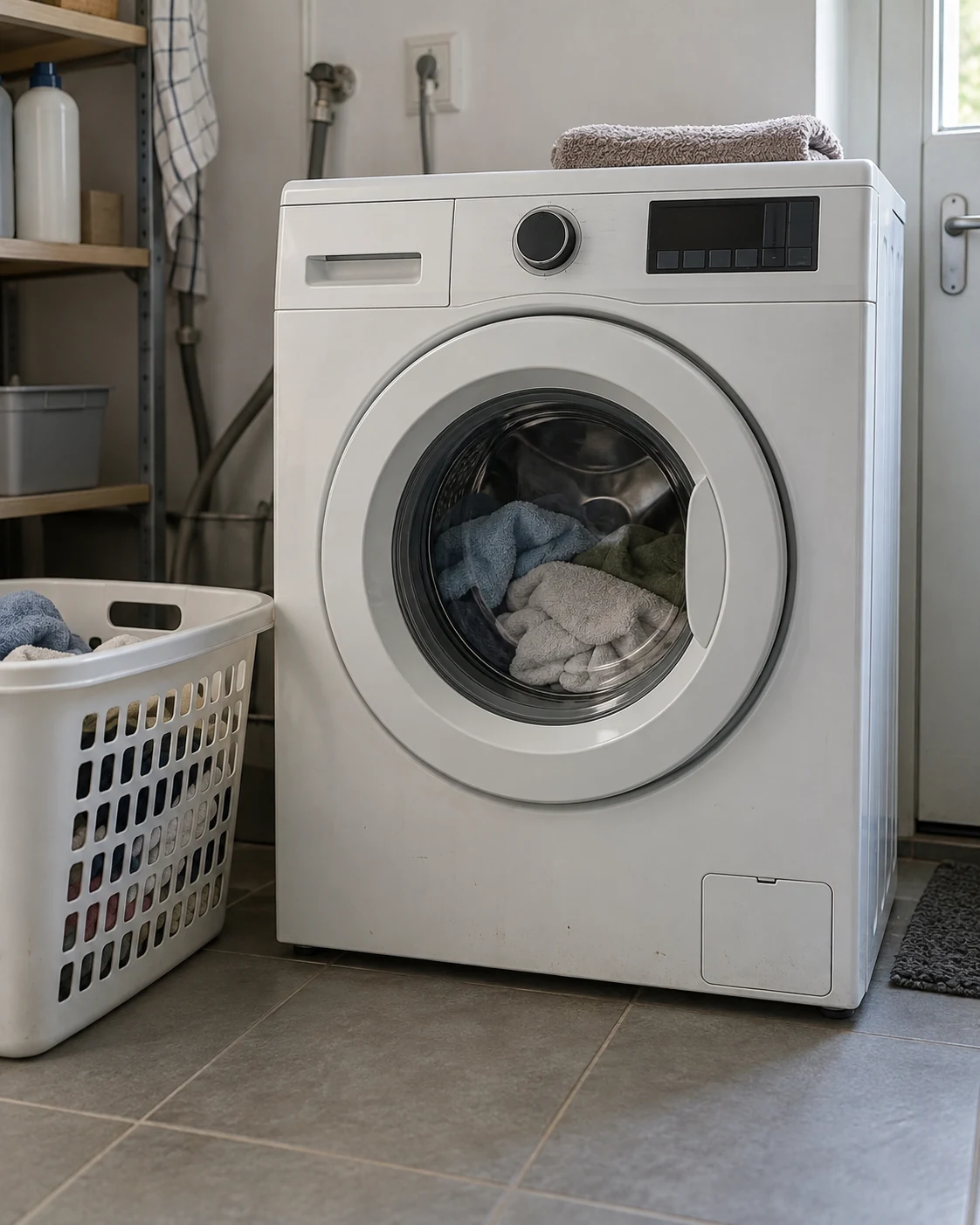 Wasmachine met was achter de gesloten deur en een wasmand ernaast.