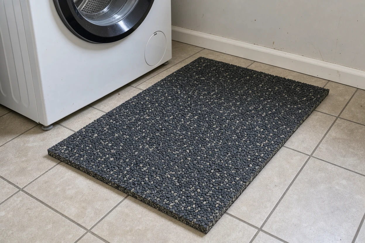 Losse zwarte rubbergranulaatmat op een tegelvloer naast een wasmachine.