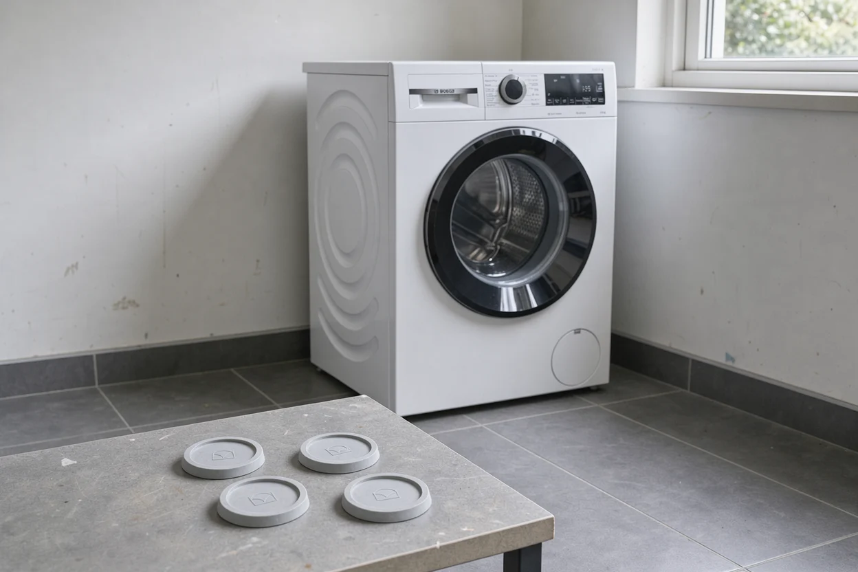 Vier lage lichtgrijze rubberdempers op een lage werkbank voor een witte wasmachine.