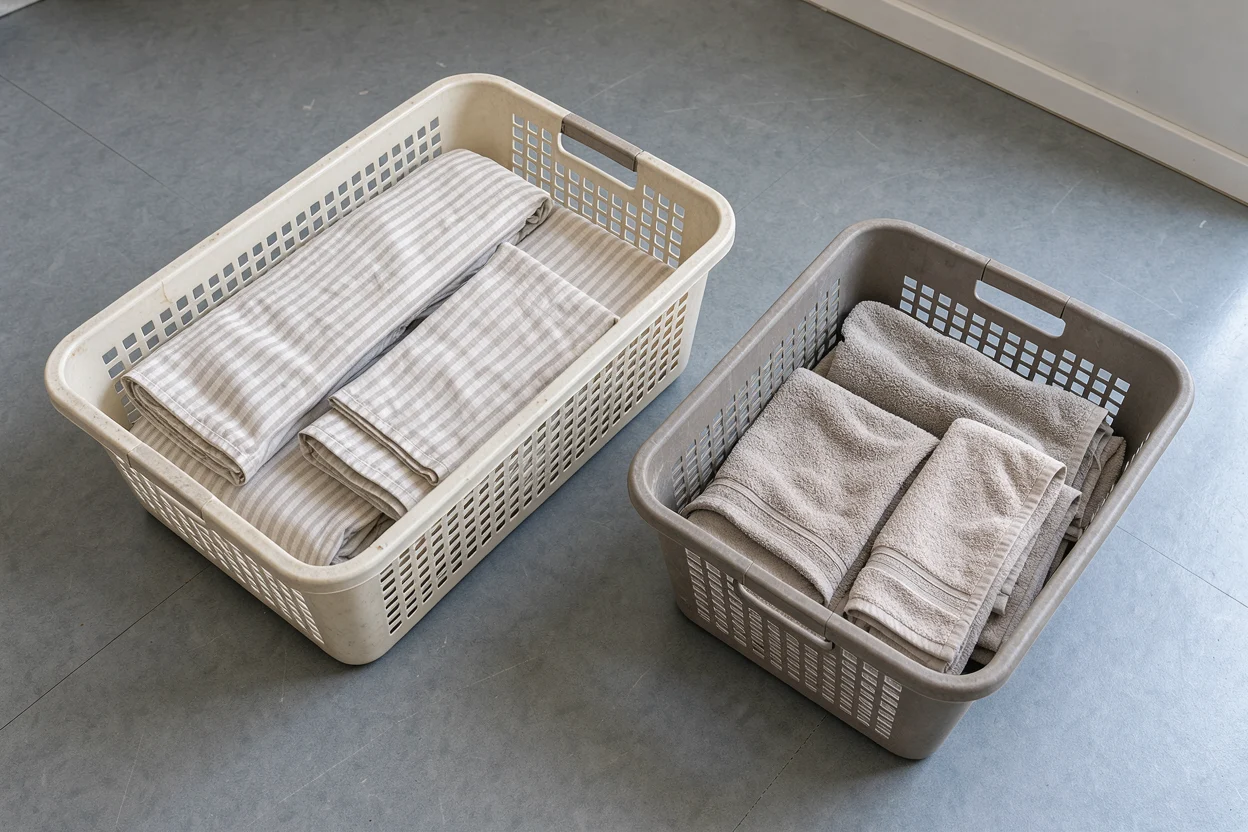 Beddengoed en handdoeken gescheiden in twee open wasmanden.