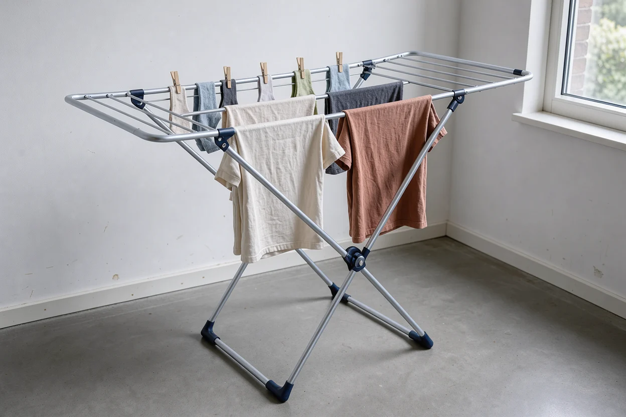 T-shirts, handdoeken en kindersokken met tussenruimte op een vrijstaand droogrek.