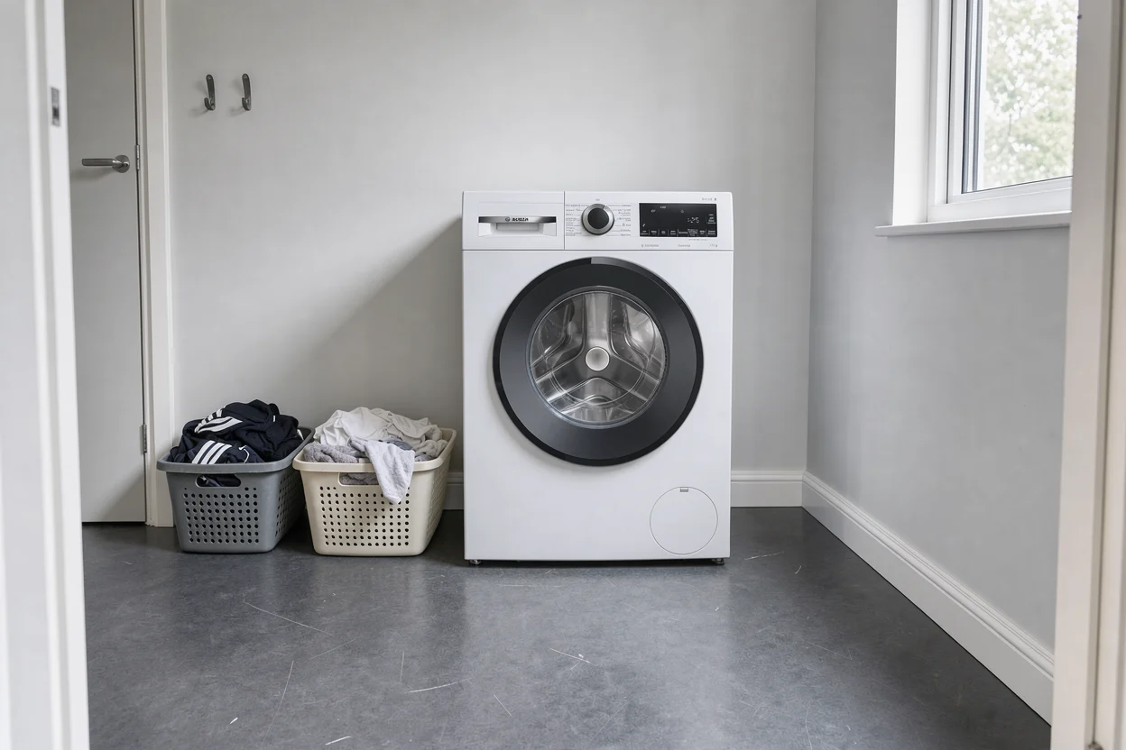 Bosch wasmachine met twee aparte wasmanden in een gezinsbijkeuken.