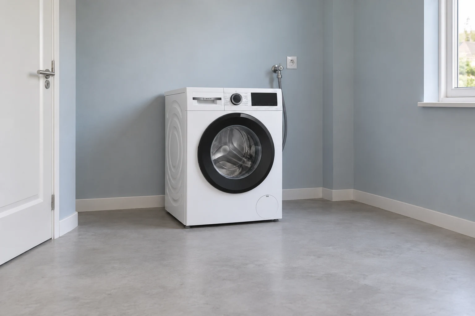 Een witte wasmachine staat vrij op een doorlopende harde vloer in een bijkeuken.