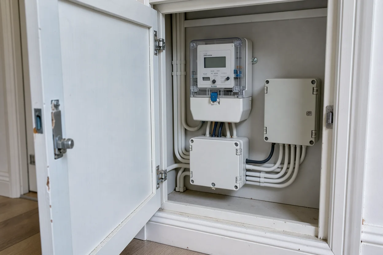 Elektriciteitsmeter met gesloten aansluitkast in een hal
