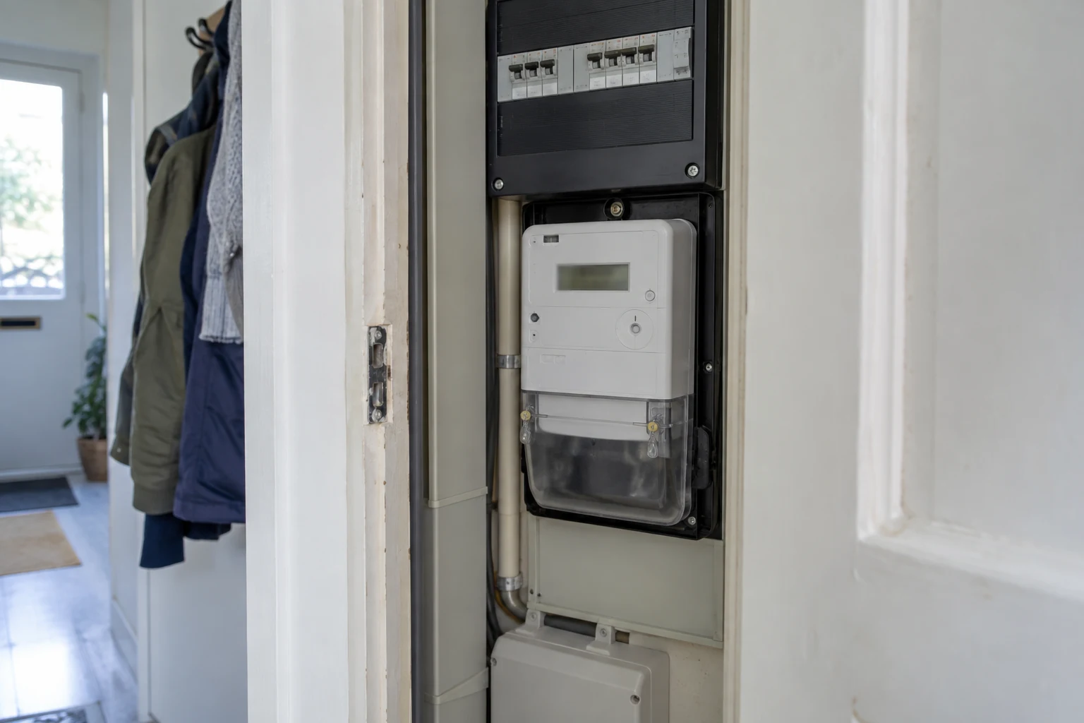 Elektriciteitsmeter met gesloten aansluitkast in een hal