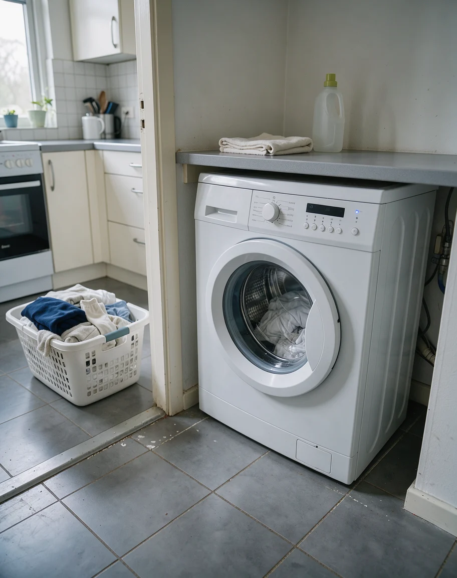 Een wasmachine staat in een washoek met een wasmand in de doorgang.