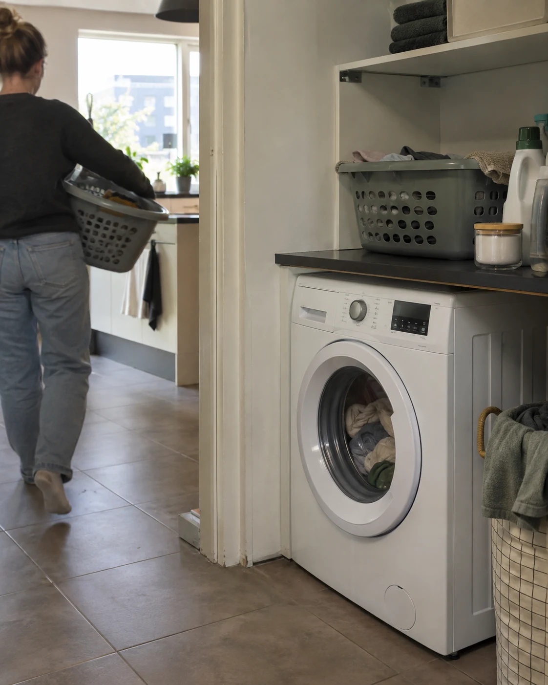 Wasmachine in een washoek terwijl iemand met een wasmand door het huis loopt