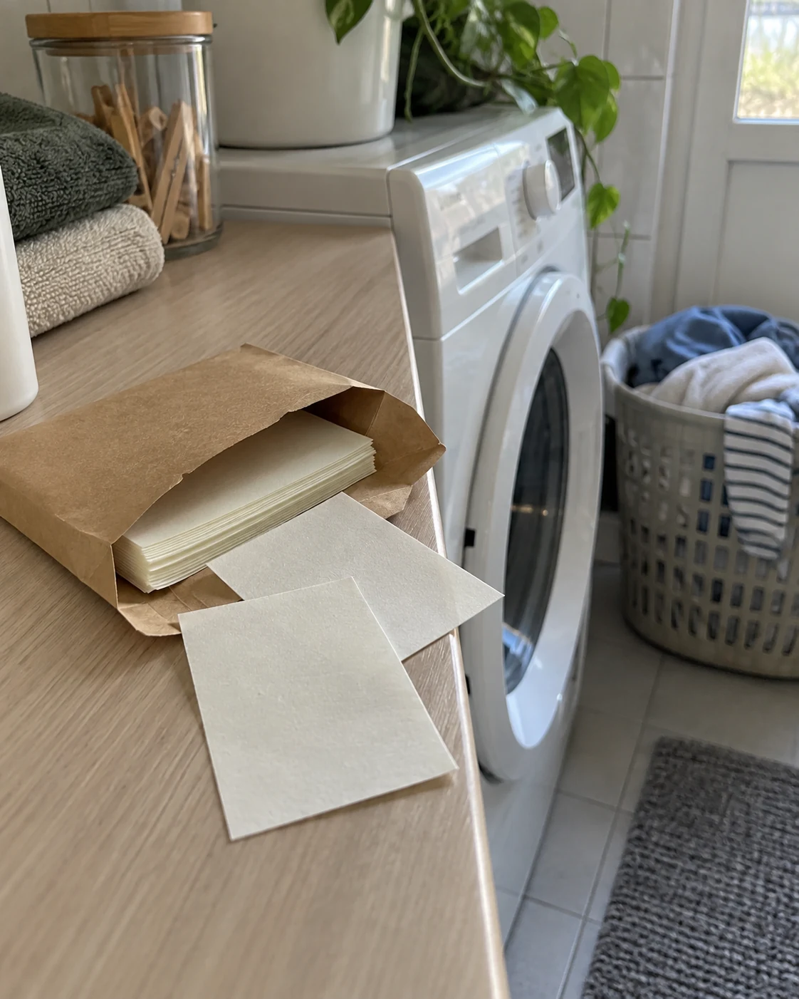 Wasstrips in een kartonnen pakje naast een wasmachine.