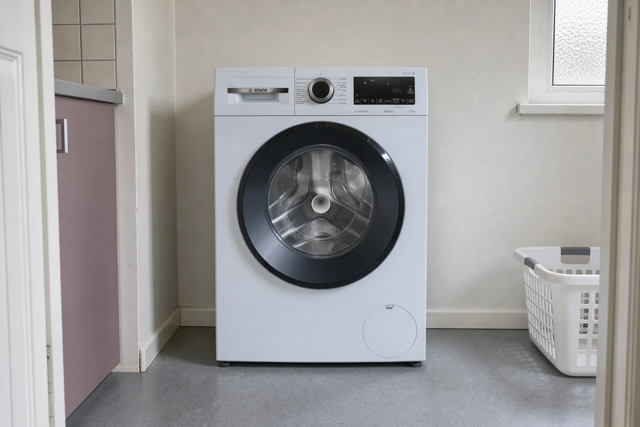 Witte wasmachine in een wasruimte met een vrije vloer ervoor