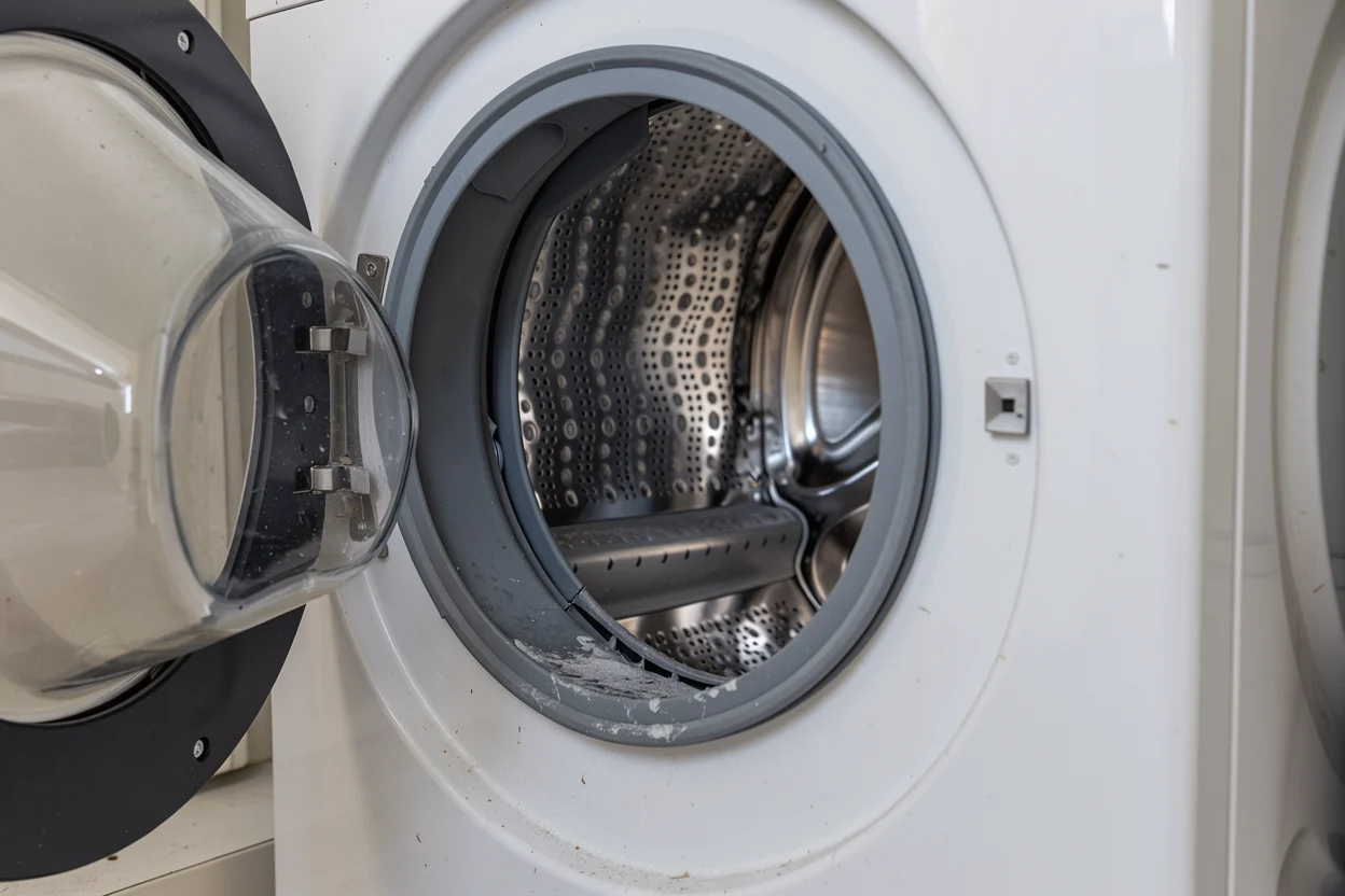 Lichte resten en enkele vochtsporen in de rubberen plooi van een wasmachinedeur