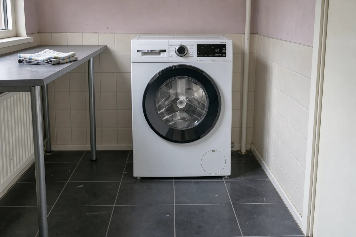 Gesloten witte wasmachine in een eenvoudige betegelde bijkeuken