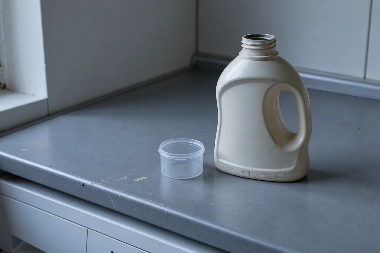 Gewone wasmiddelfles met lege maatdop op een gebruikt werkblad