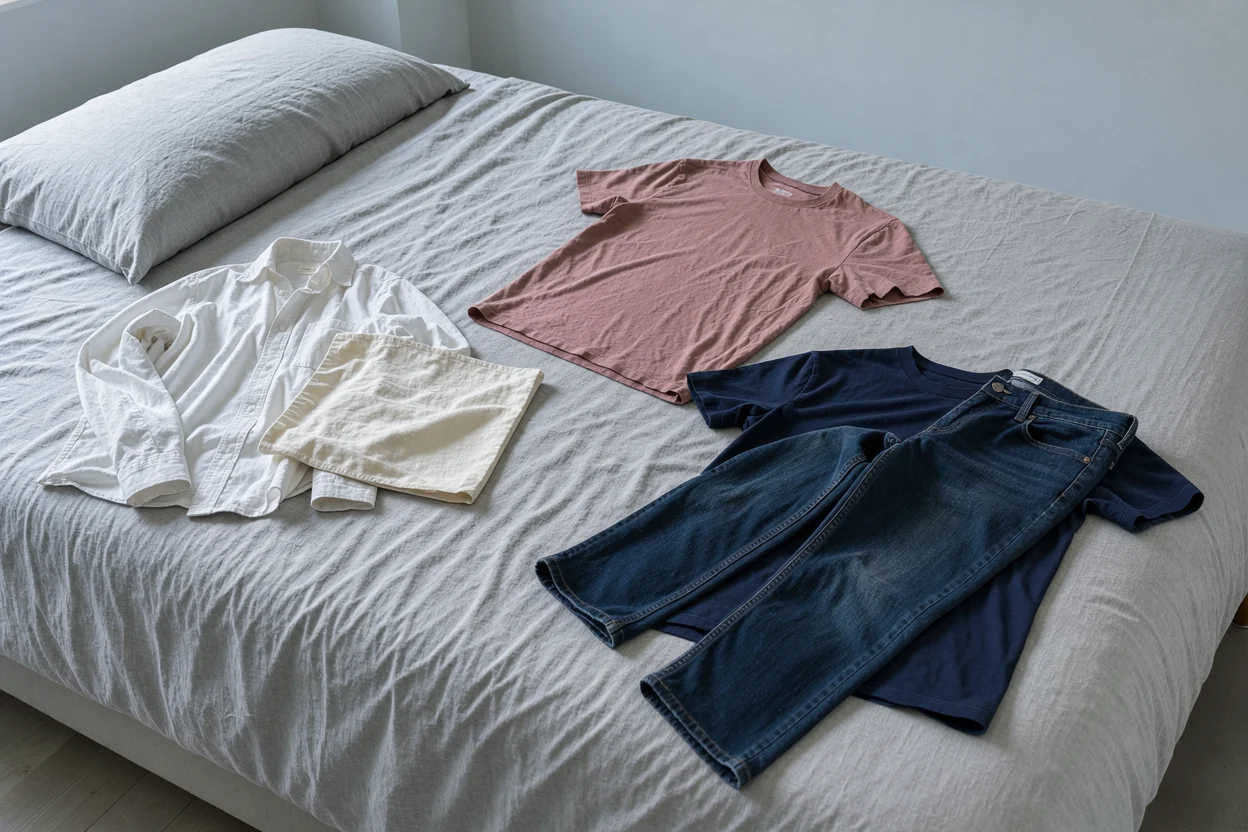 Lichte, donkerblauwe en gekleurde kleding liggen in drie losse waspartijen op een bed.