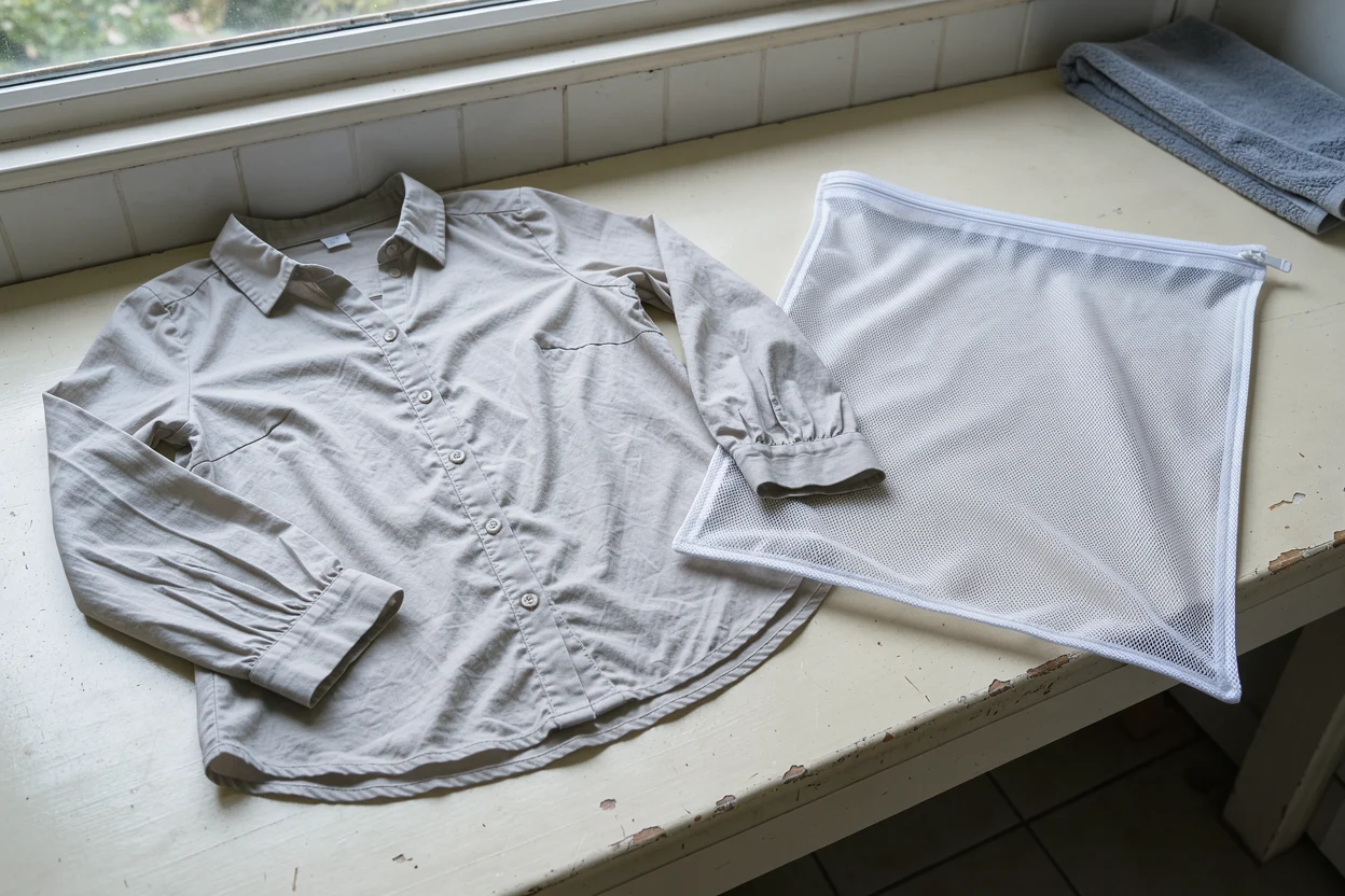 Een fijne blouse ligt naast een fijnmazige waszak op een eenvoudige bank.