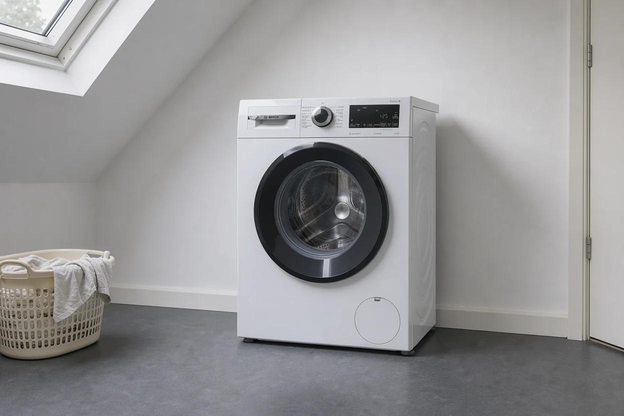Een witte wasmachine met een kleine wasmand in een eenvoudige washoek onder een dakraam.