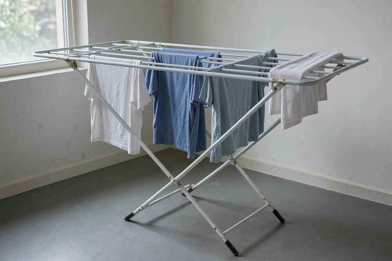 Enkele vochtige katoenen kledingstukken met ruimte ertussen aan een droogrek.