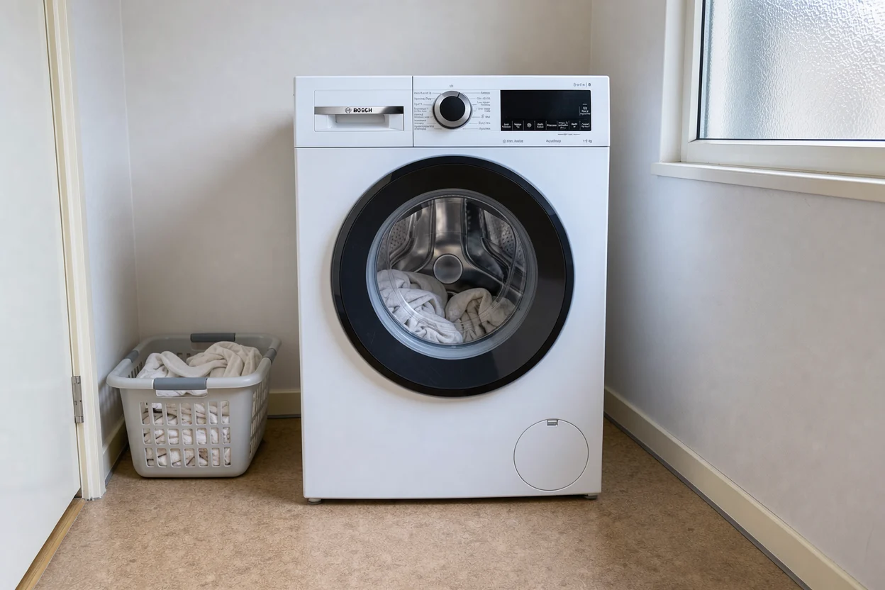 Witte wasmachine met gesloten deur in een eenvoudige washoek.