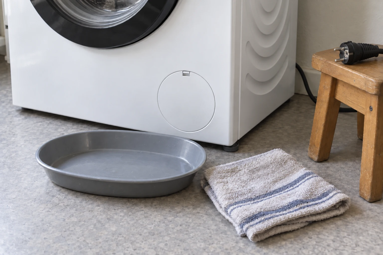 Lage opvangschaal en oude handdoek voor de gesloten onderkant van een wasmachine.
