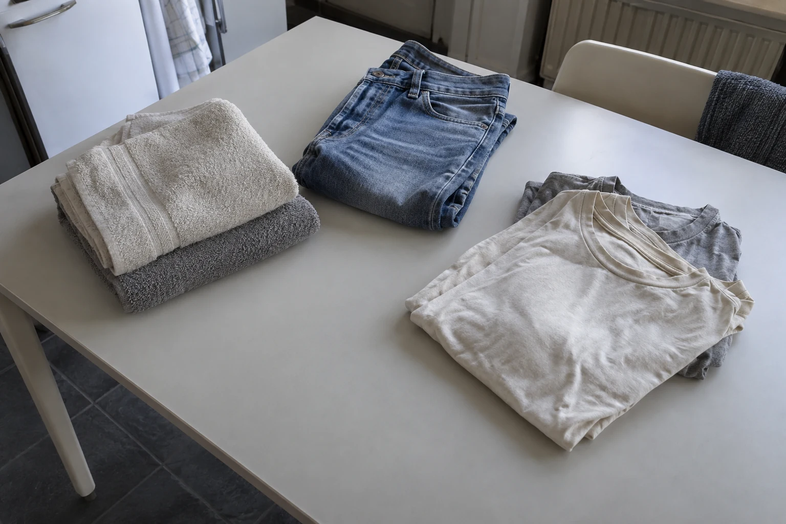 Handdoeken, een spijkerbroek en enkele shirts liggen in losse groepjes op een huishoudtafel.