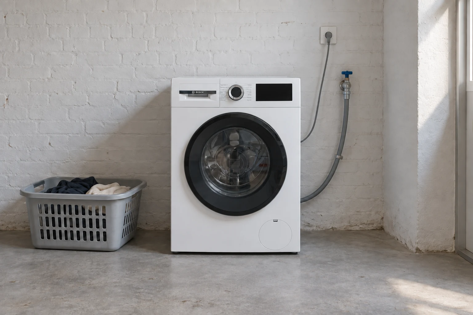 Een witte wasmachine met een kunststof kledingmand in een compacte bijkeuken.