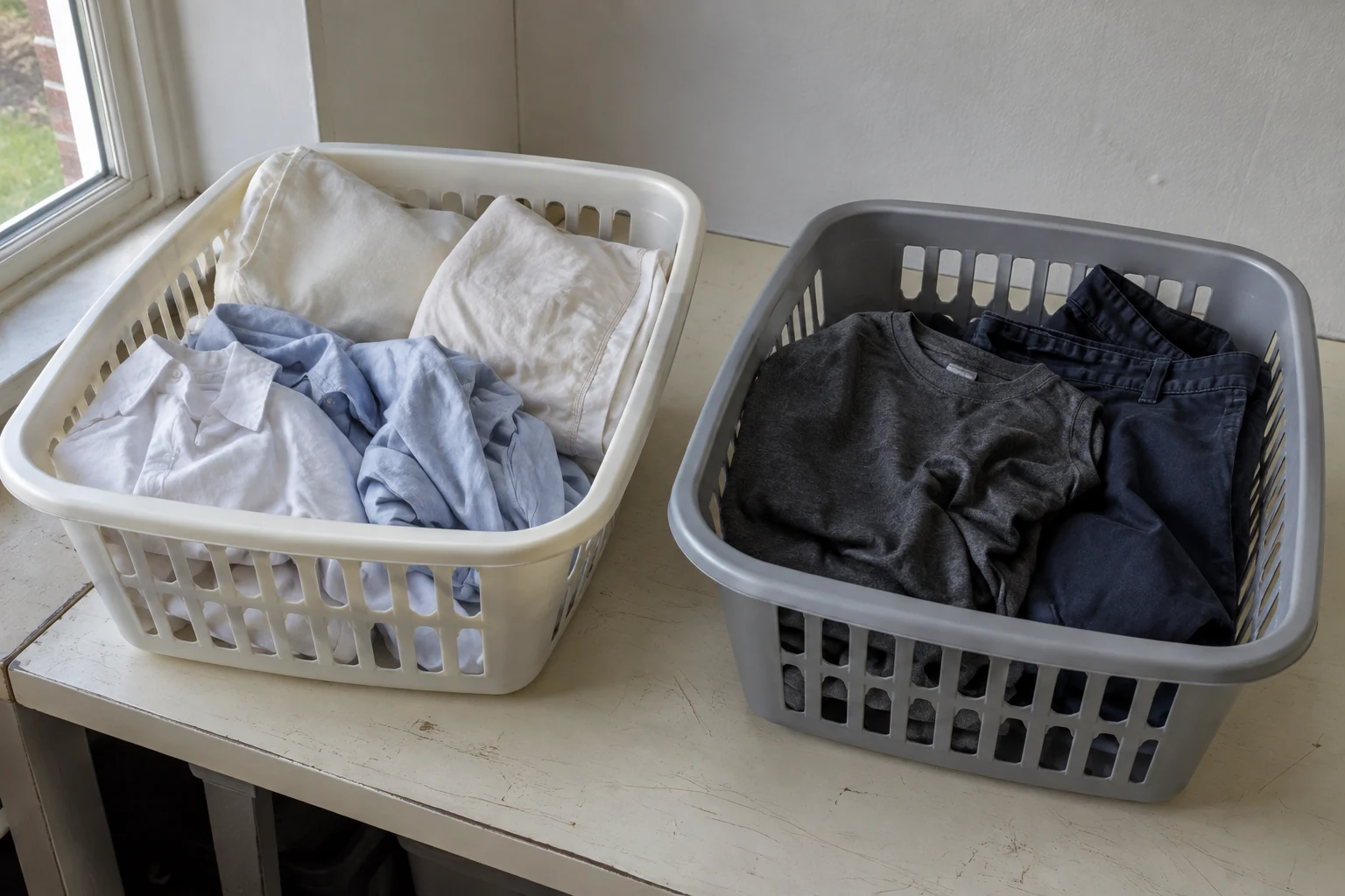 Lichte katoenen kleding en donkere kleding liggen apart in twee gewone wasmanden.