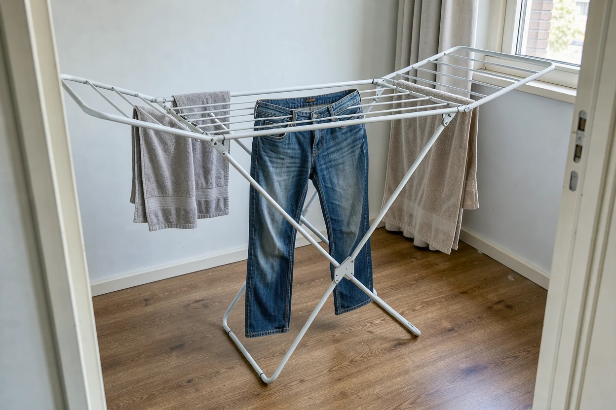 Een spijkerbroek en twee handdoeken hangen met ruimte ertussen aan een eenvoudig droogrek.