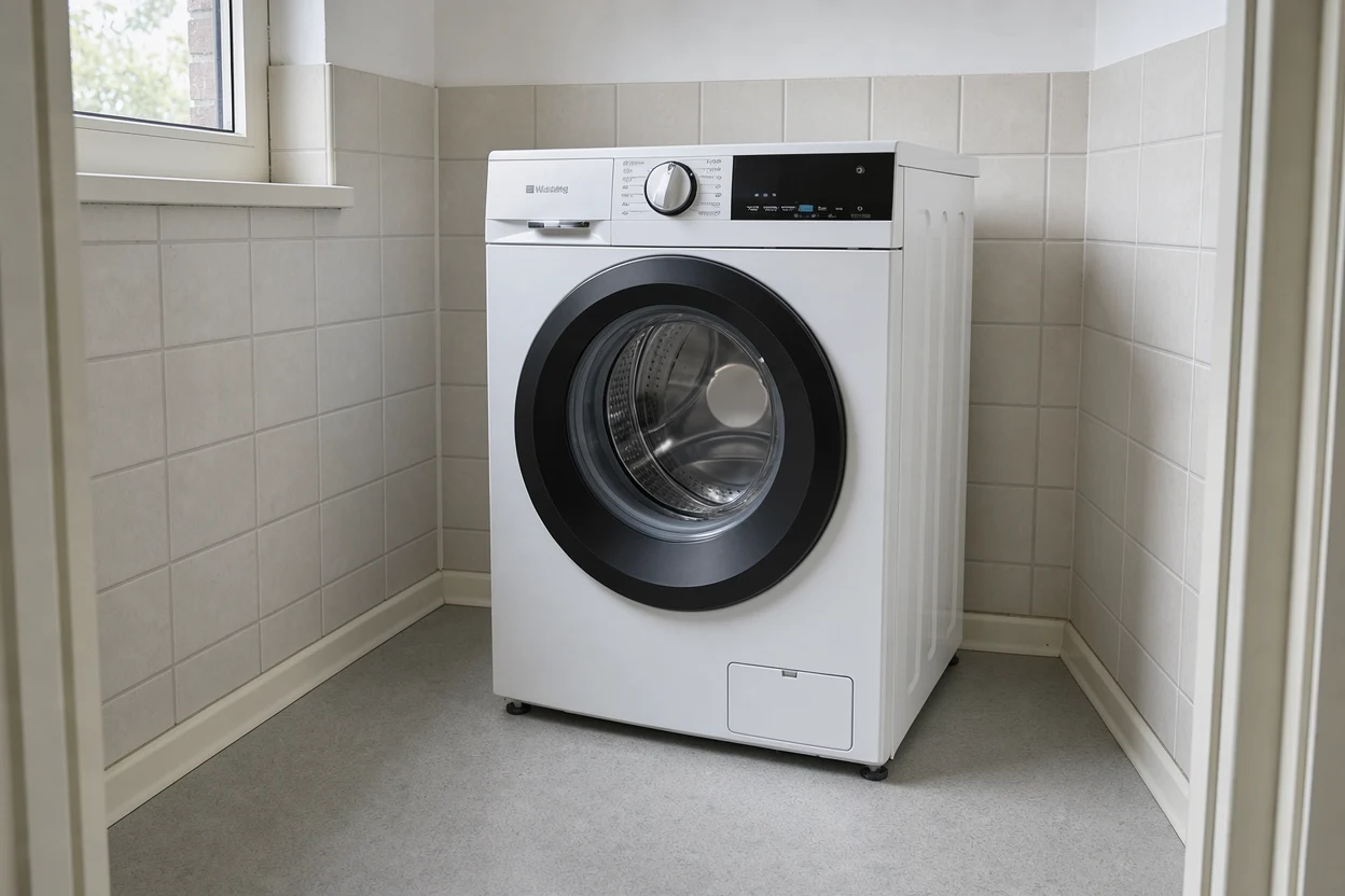 Een witte Wisberg-wasmachine staat vrij op de vloer in een eenvoudige betegelde washoek.