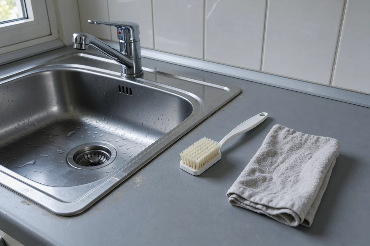 Een zachte huishoudborstel en een gebruikte schone doek liggen naast een spoelbak.