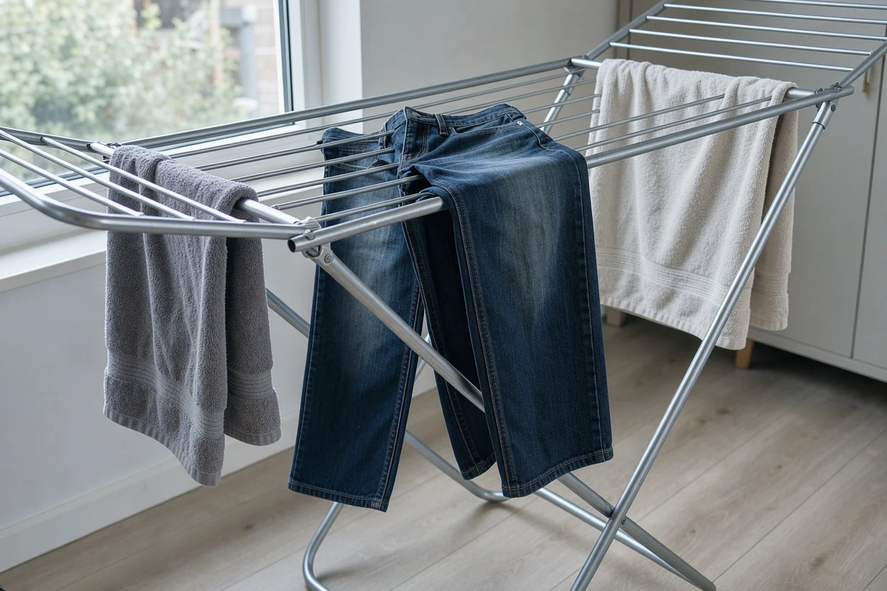 Een donkere spijkerbroek en twee katoenen handdoeken met ruimte ertussen op een metalen droogrek