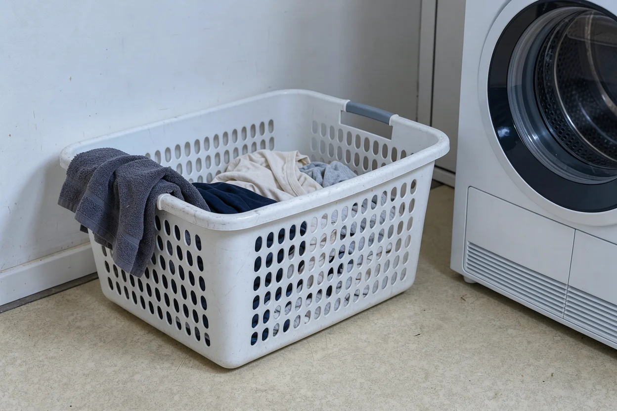 Een wasmand met een handdoek over de rand naast een gedeeltelijk zichtbare witte droger