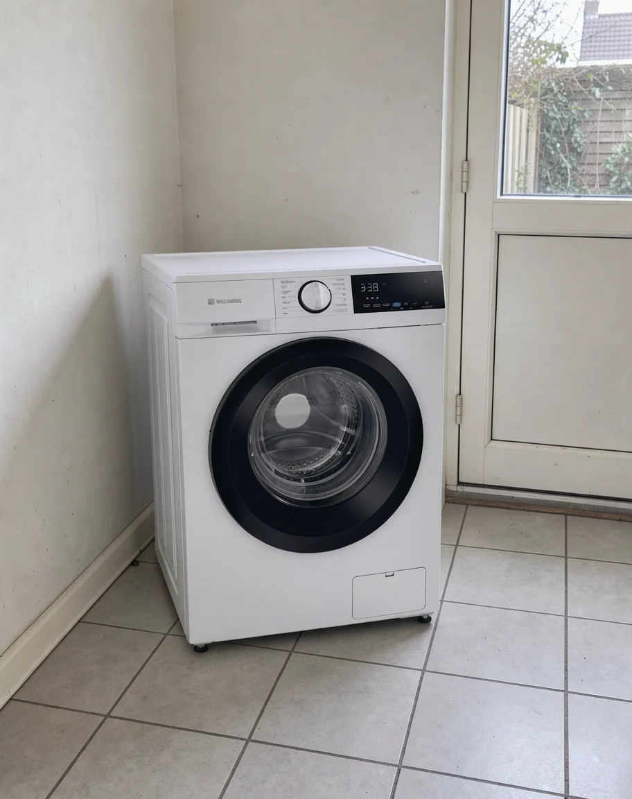 Witte Wisberg-wasmachine in een bijkeuken naast een halfglazen buitendeur
