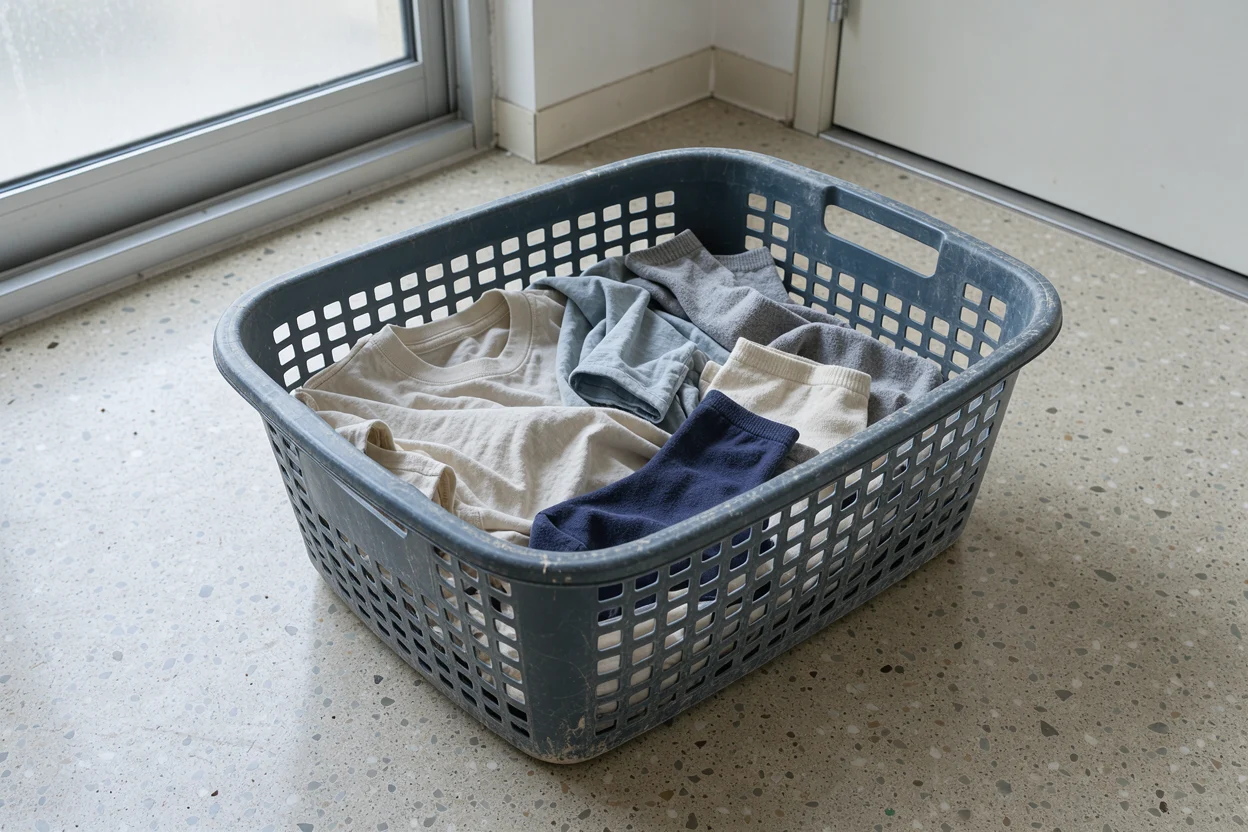 Een paar licht gedragen shirts en sokken los in een kunststof wasmand