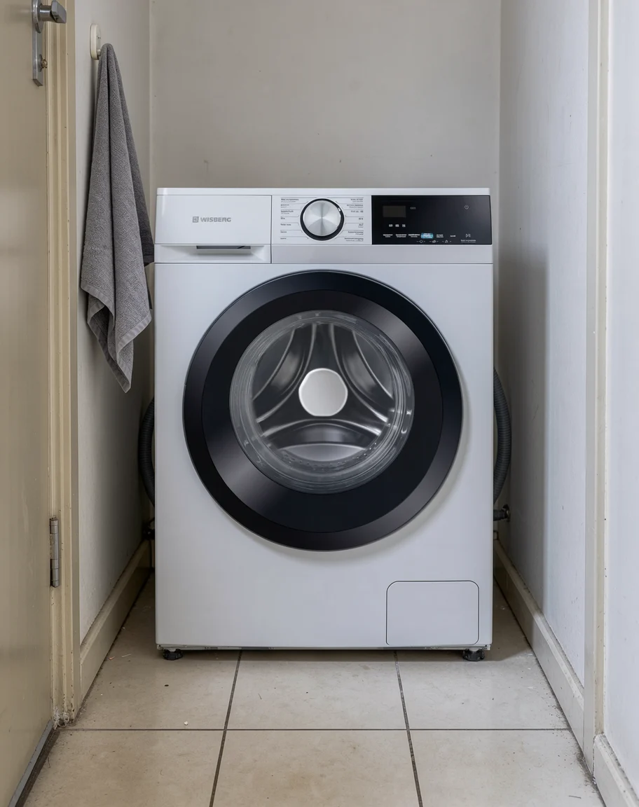 Witte Wisberg wasmachine in een smalle washoek naast de hal