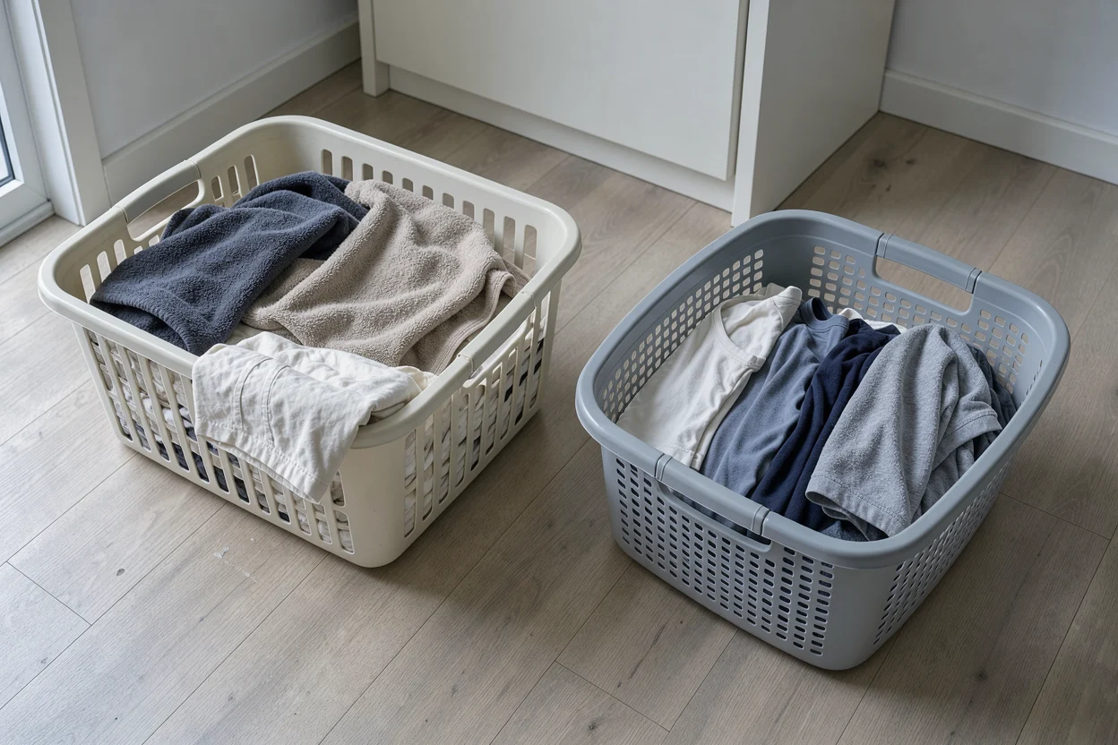 Twee gewone wasmanden met handdoeken, beddengoed en dagelijkse kleding bij een linnenkast