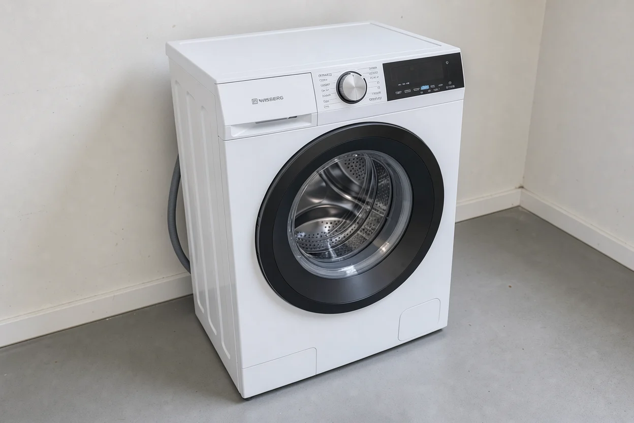 Wisberg-wasmachine schuin van boven met een lege bovenzijde, zilveren draaiknop en zwart bedieningspaneel