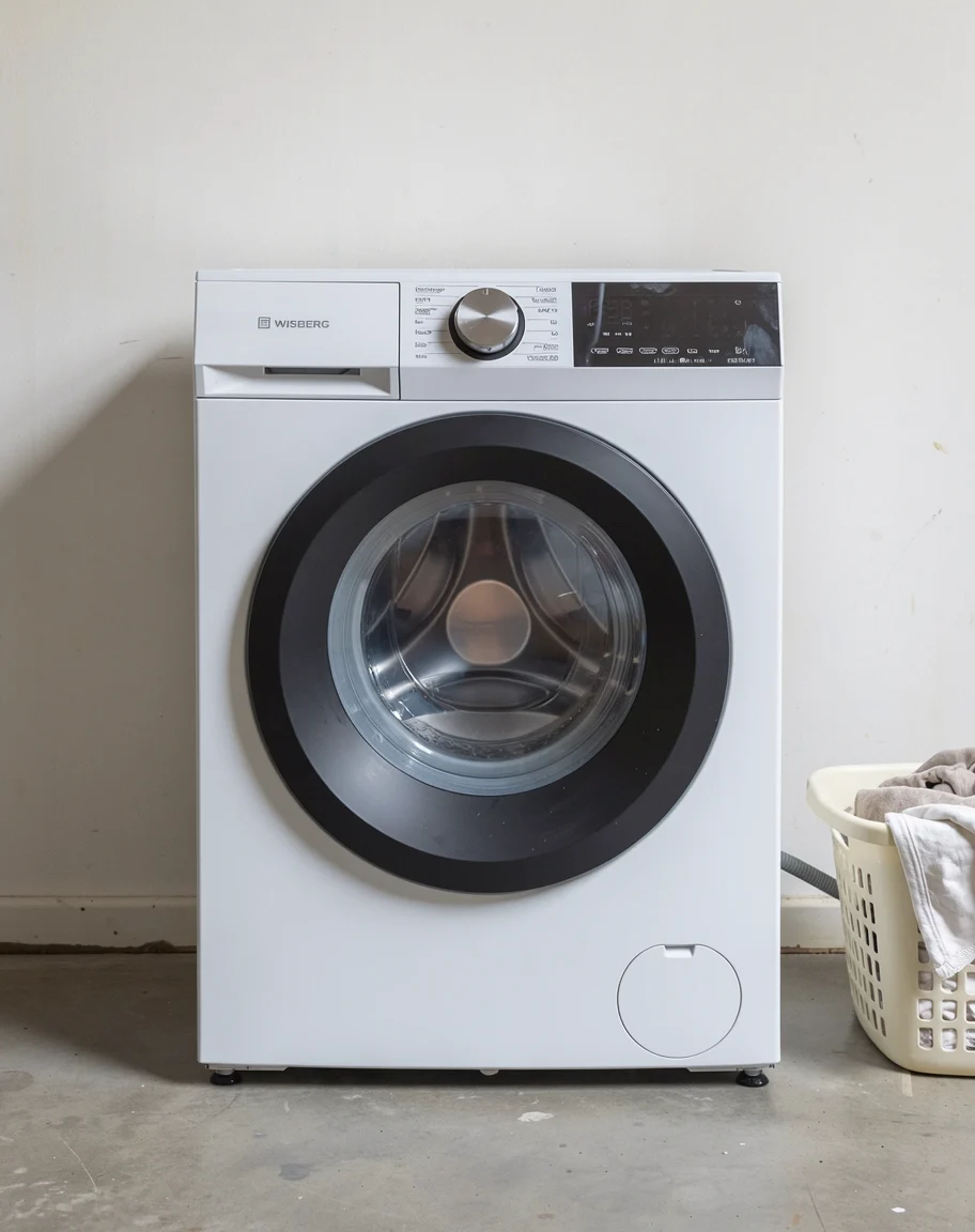 Witte Wisberg-wasmachine vrijstaand in een droge wasruimte met een wasmand op afstand